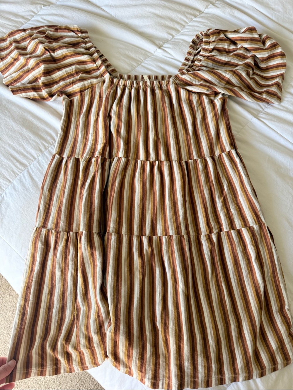 Rylee + Cru Striped Puff-Sleeve Tiered Midi Dress - Brown, Cream, Rust